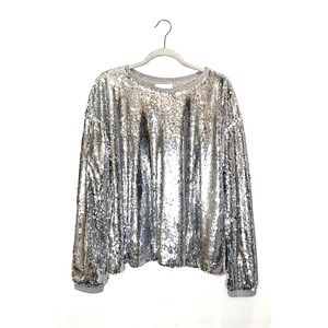 Anthropologie Shiny Silver Sequin Long Sleeve Shirt
